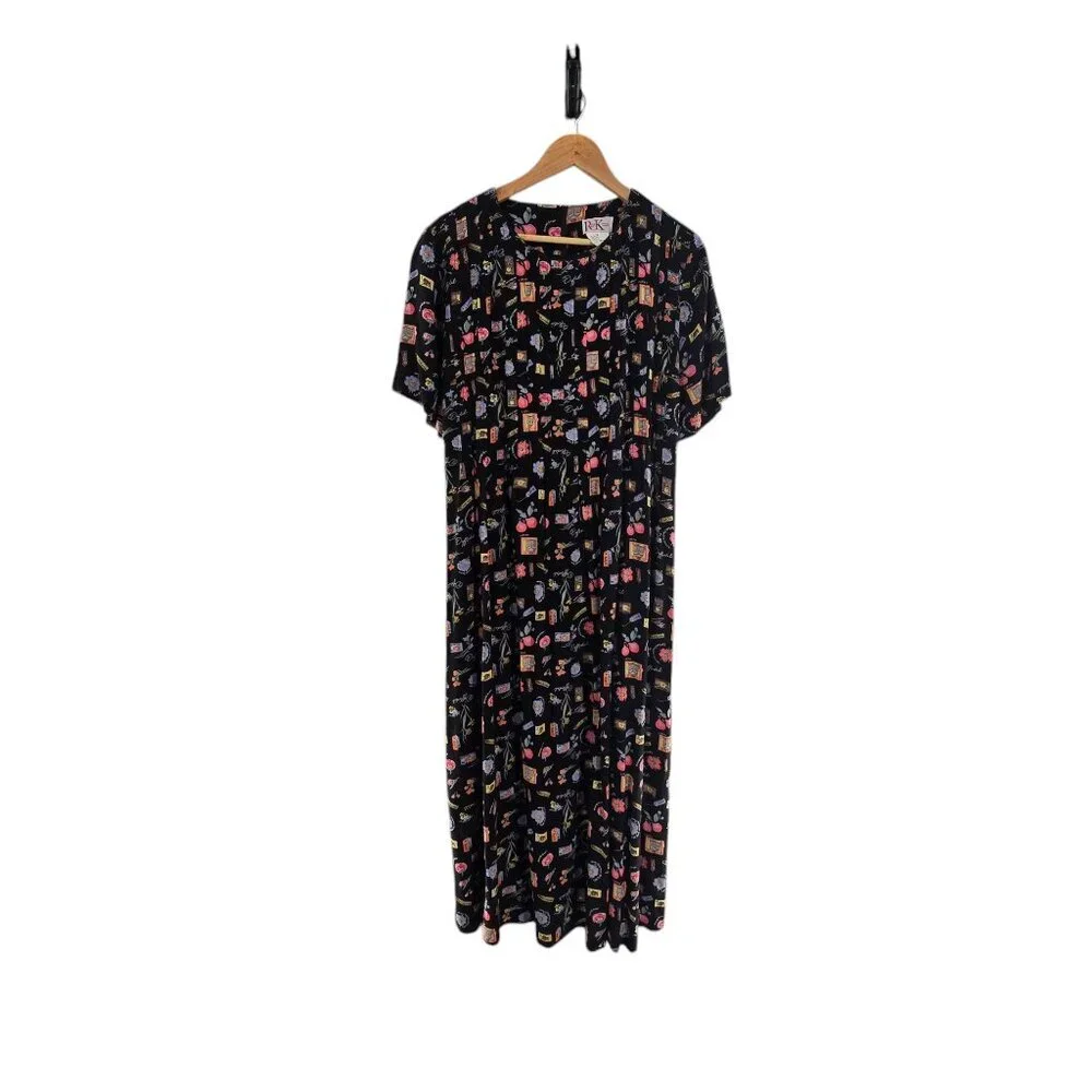 R+K Originals Womens‎ Size 16  Black Floral Midi Dress Short Sleeve Cottagecore